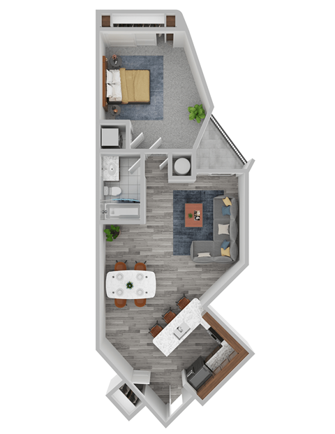 Floor plan for 1 bed, 1 bath, 673 sqft
